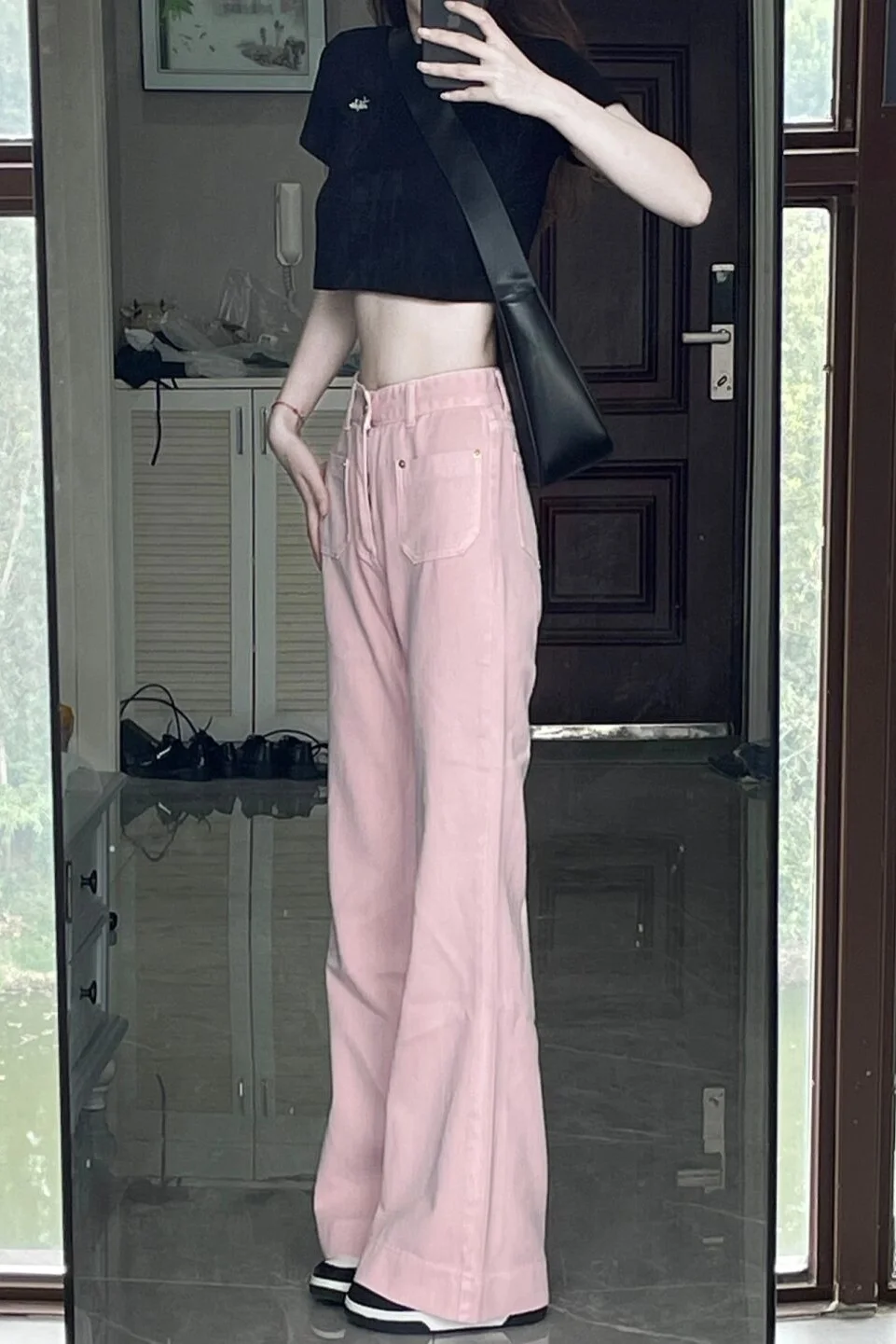 High Waist Slightly Raglan Jeans Women's Autumn New Little Man Design Sense Straight Tube Wide Leg Flare Pants High Street Ins
