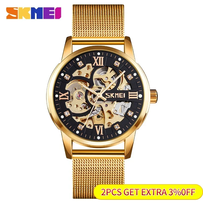 SKMEI Automatic Watch Men Mechanical Creative Wristwatches Mens Gear Hollow Art Dial Strainless Steel Strap montre homme 9199