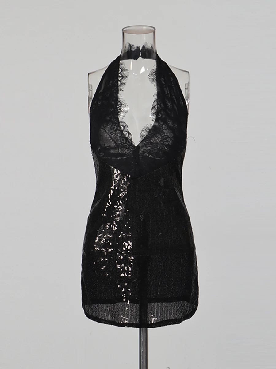 CHICEVER Black Spliced Lace Chic Dress Female Halter Sleeveless Slimming Sexy Vintage Women's Dresses Summer Fashion New Style