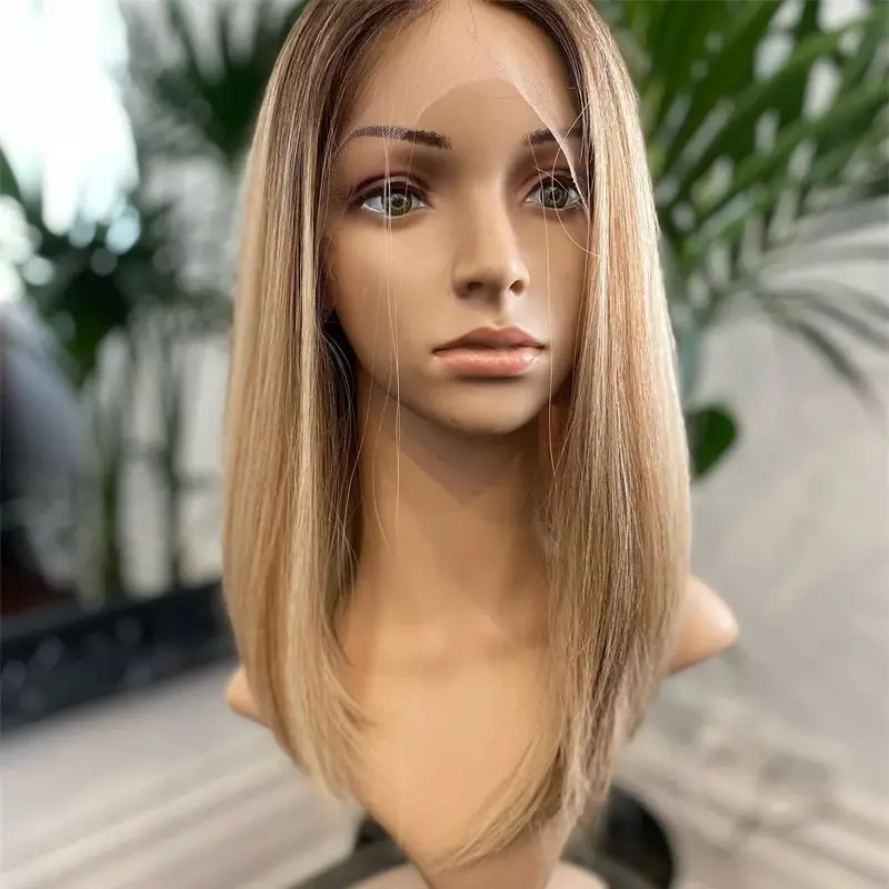 Ombre blond syntetyczny krótki prosty Bob HD przezroczysta koronka przodu peruka włókno termoodporne peruki z włosów wstępnie oskubane linia włosów 14 ''