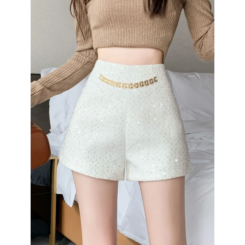 화이트 루즈 쇼츠 가을 겨울 여성용 스트레이트 팬츠 신상 스팽글 하이웨이스트 패션 부츠 팬츠