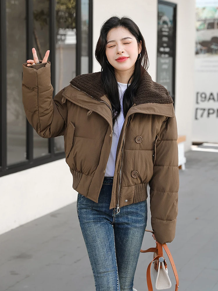 Winter Thicken Parkas Slim Short Jackets Women Korean Warm Plush Lapel Coats Casual Down Cotton Oversized Pink Crop Chaquetas