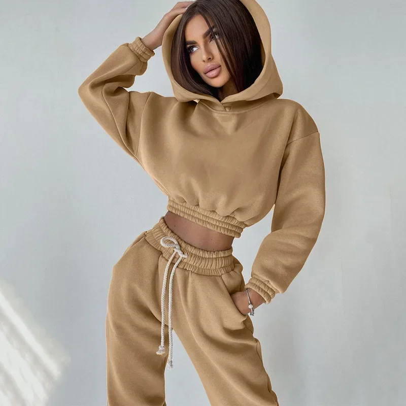 2022 Customize Sports Sweatshirt Sweatpants And Hoodie Set Long Sleeve Crop hoodie Jogger Women set Fleece Warm Winter Tracksuit