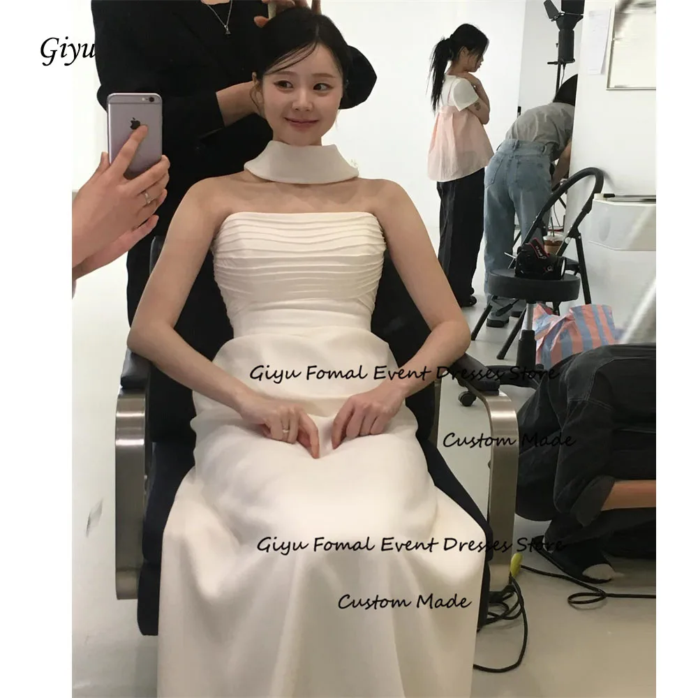 

Giyu Elegant Pleats Silk Satin Wedding Dresses Korea Photoshoot Scalf Strapless Floor Length Bridal Gowns Corset Back