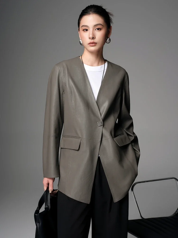 

Classic V-neck Genuine Leather Blazer Jackets for Women Spring Autumn High-end Simple Deer Textured Real Goatskin Leather Coat