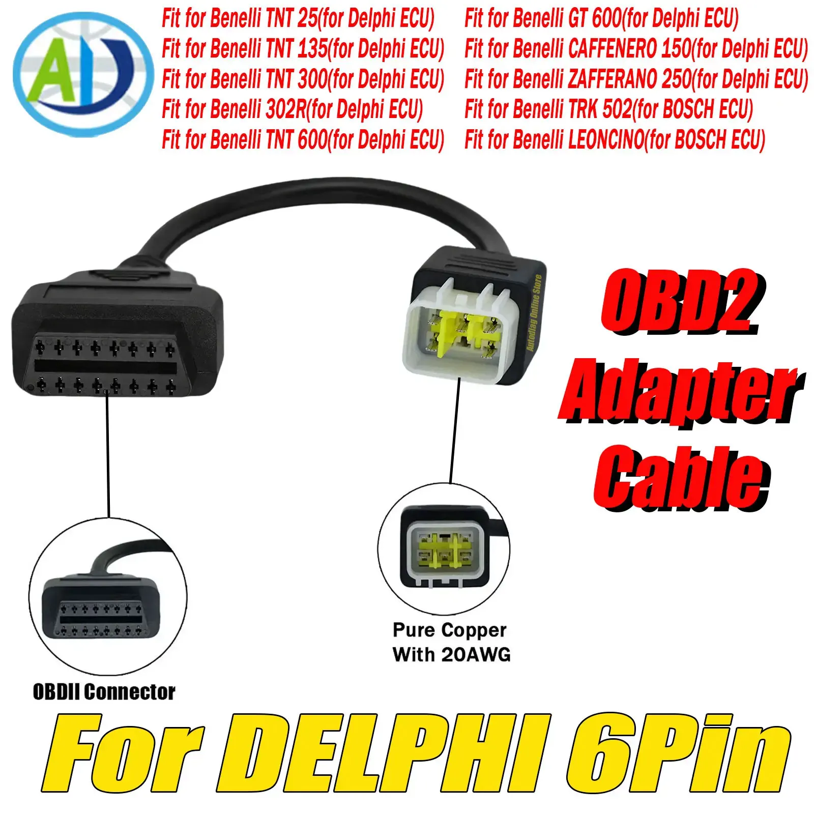 

OBD2 Adapter Cable For Benelli TNT25/135/300/600,GT600,302R,TRK502,LEONCINO ECU Diagnostic Connector Cable For BOSCH Delphi 6Pin