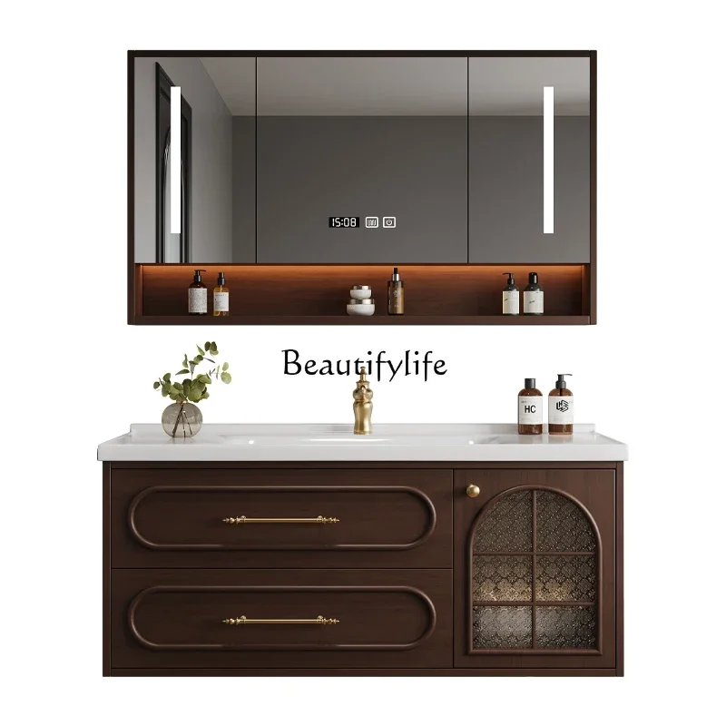 

FG52*French retro solid wood bathroom cabinet combination bathroom antique integrated ceramic basin