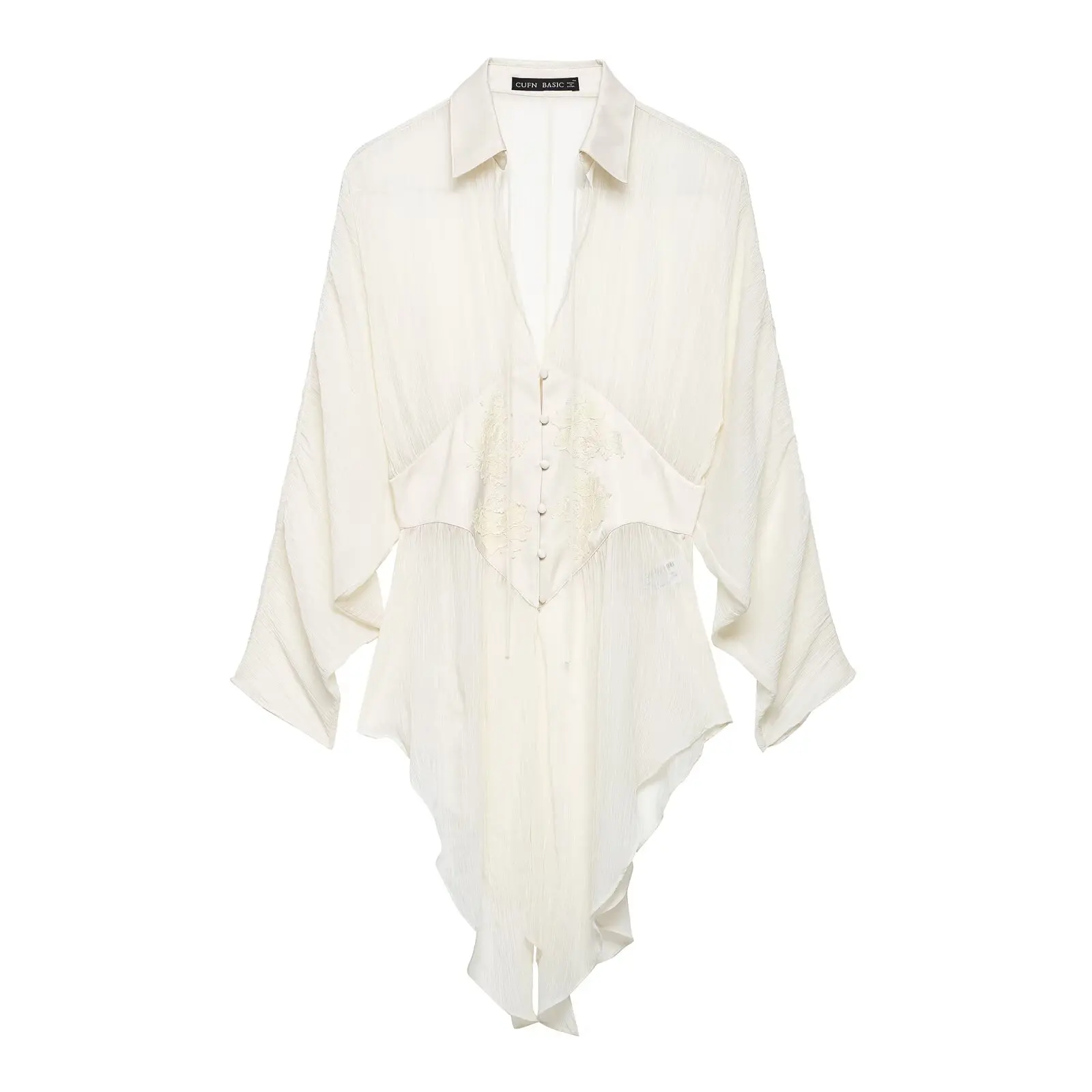 2026 Summer Women's Vintage Long Sleeve V-neck See Through Lace Shirts Office Lady Elegant Beige High Street Button Up Blouses