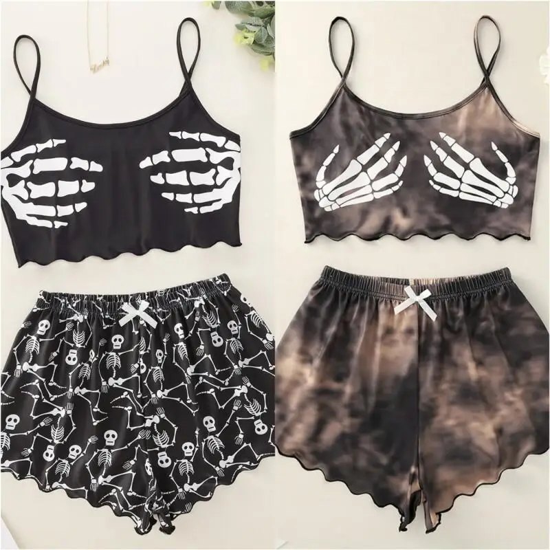 Halloween Wanita Seksi Dua Potong Set Atasan Selempang Perut Cetak Kerangka dan Celana Pendek Pakaian Tidur Pakaian Santai Pakaian Piyama Kasual