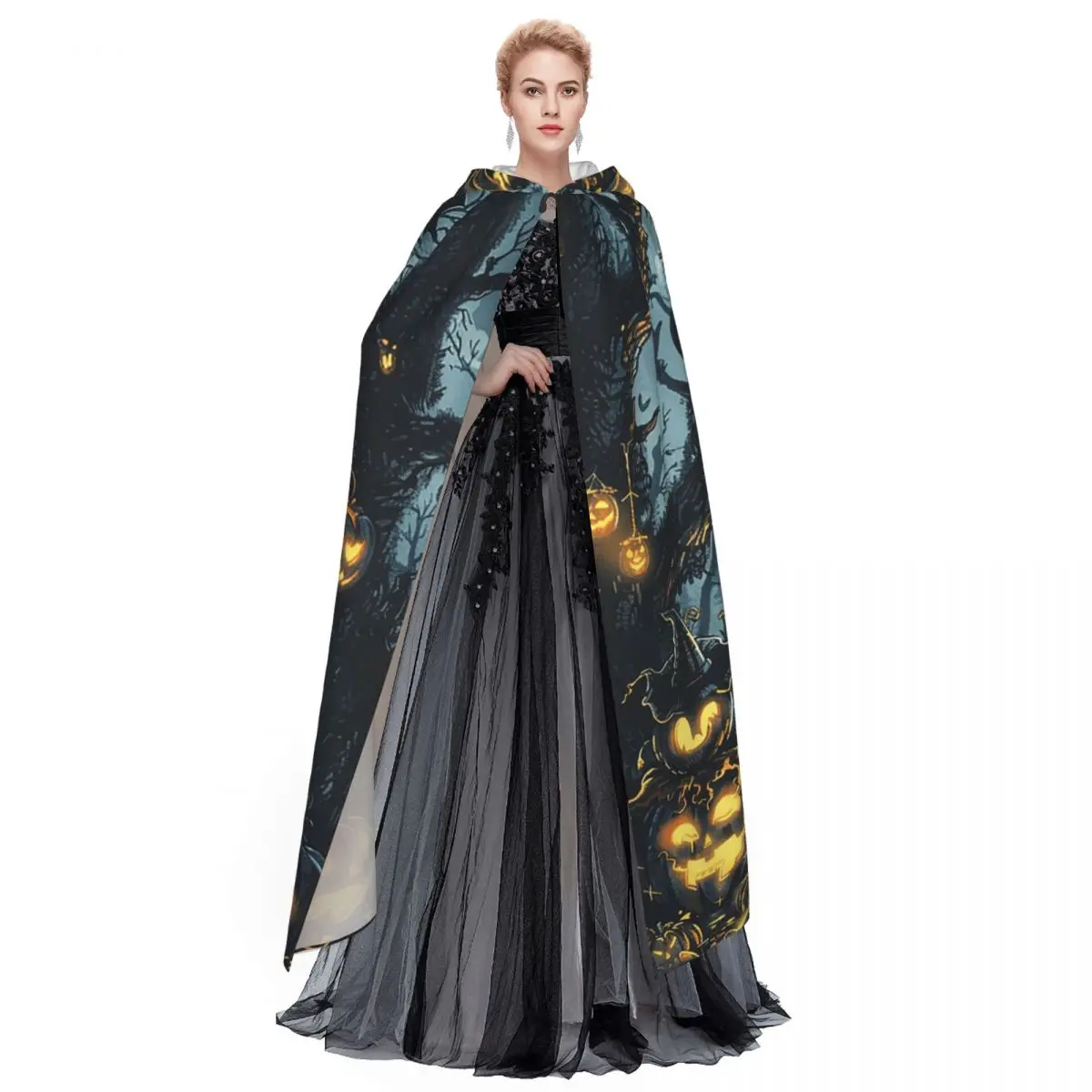 Vintage Jesienny Halloween Alchemik Eliksyry Czarne Koty Okultystyczny Długi Płaszcz z Kapturem Wiedźma Średniowieczny Kostium Cosplay Peleryna Halloween Wampir