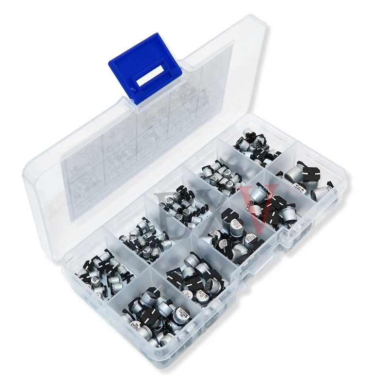 10Values SMD Aluminum Electrolytic Capacitor Assorted Kit 165PCS/Set With Box 0.47uF 1uF 2.2uF 4.7uF 10uF 22uF 47uF 100uF