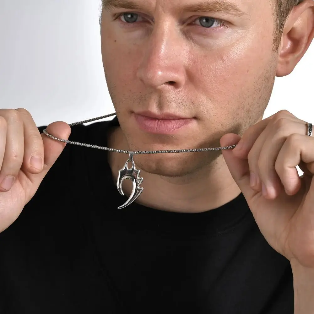New Stainless Steel Wolf Tooth Necklaces Rock Punk Animal Pendant Silvery CZ Stone Collar Men