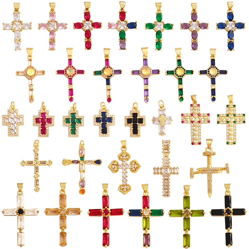 Colorful  Zirconia CZ Paved Religours Cross Charm Pendant,18K Real Gold Plated,Jewelry Necklace Bracelet Accessories Supply P14