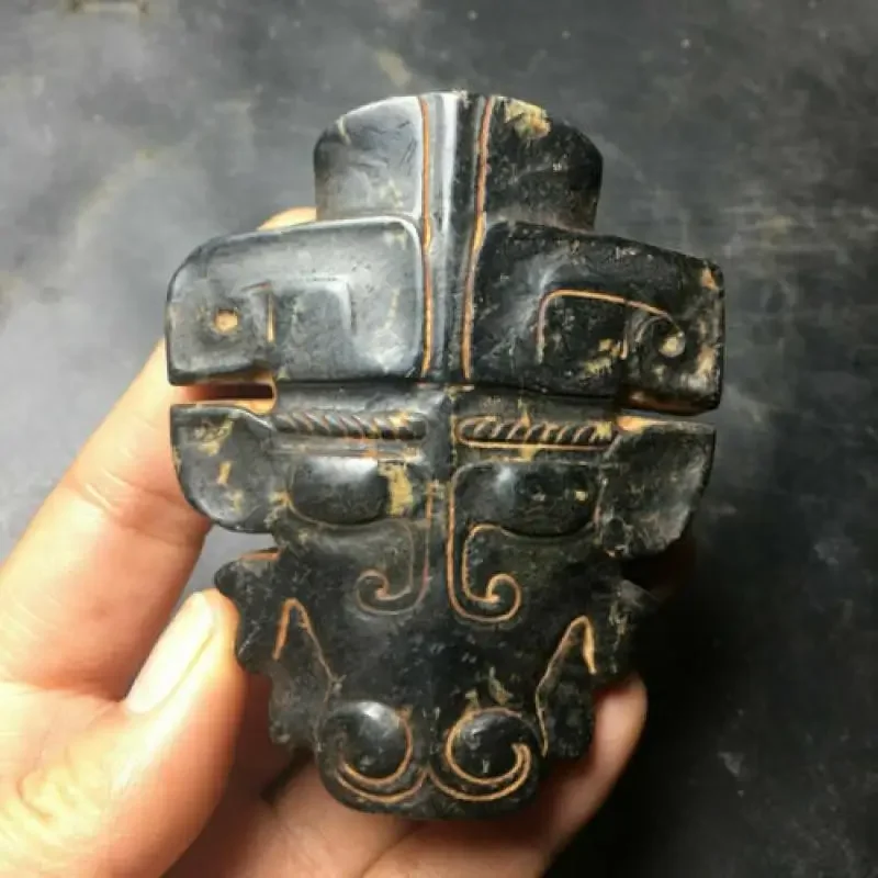 Chinese Red mountain culture collection meteorite carving Animal face Statue