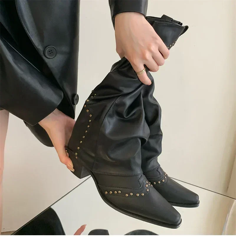 Damen Cowgirl-Stiefel, Modische Slip-On Damenstiefel mit Elegantem Quadratischem Absatz, Lange Stiefel, Retro-Winterschuhe für Damen – Detail 13