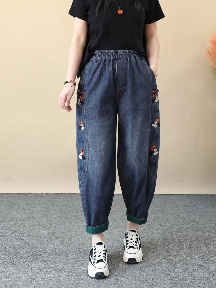 Splicing Cartoon Embroidered Jeans Women's Spring Loose Curled Ankle Length Harlan Pants Thin Versatile Summer Pants 2025 New