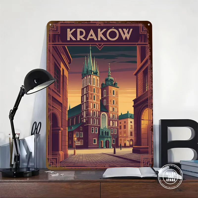 Krakow Cityscape Art Deco Printed Poster Customized Retro Wall Art Vintage Metal Tin Signs for Home Office Decoration Room Decor
