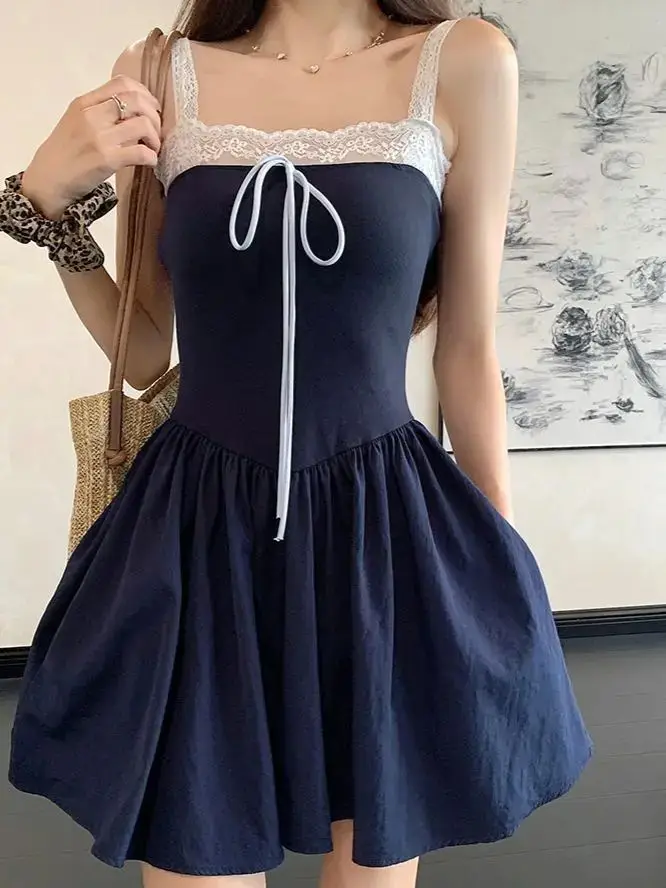

Japan Dress Design Niche Lace Splicing Strap Suspender Skirt Women'S Summer Chic Waist Slimming A-Line Long Skirt