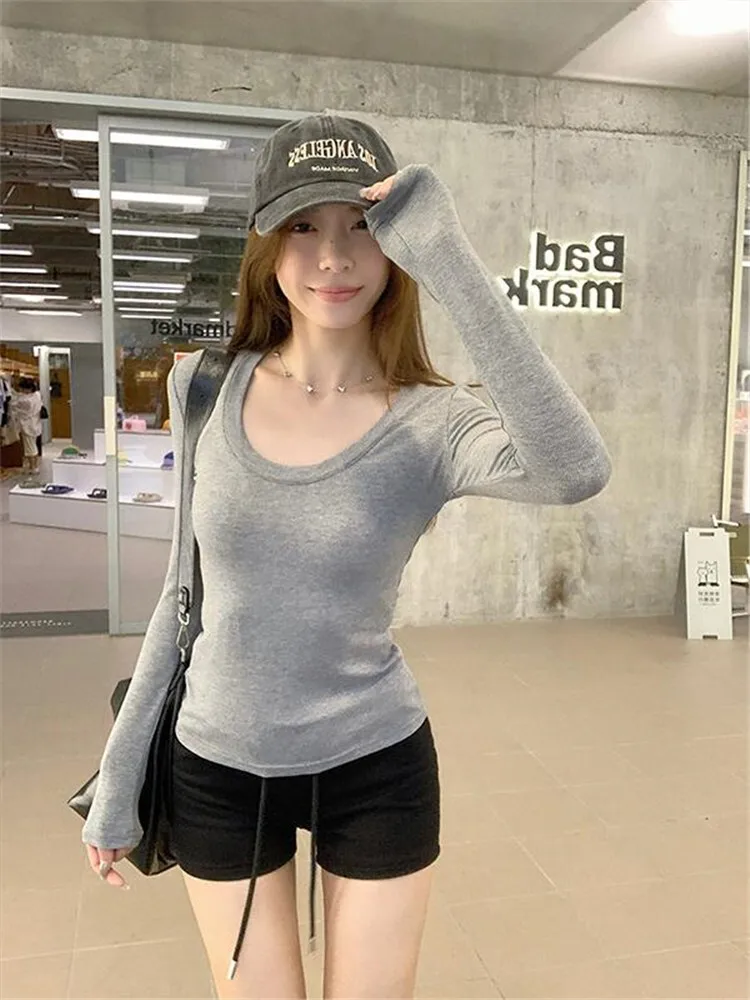 Short Basic Style Simple White U-neck Long Sleeved T-shirt Base Shirt Women's Autumn Slim Fit And Slimming Inner Top