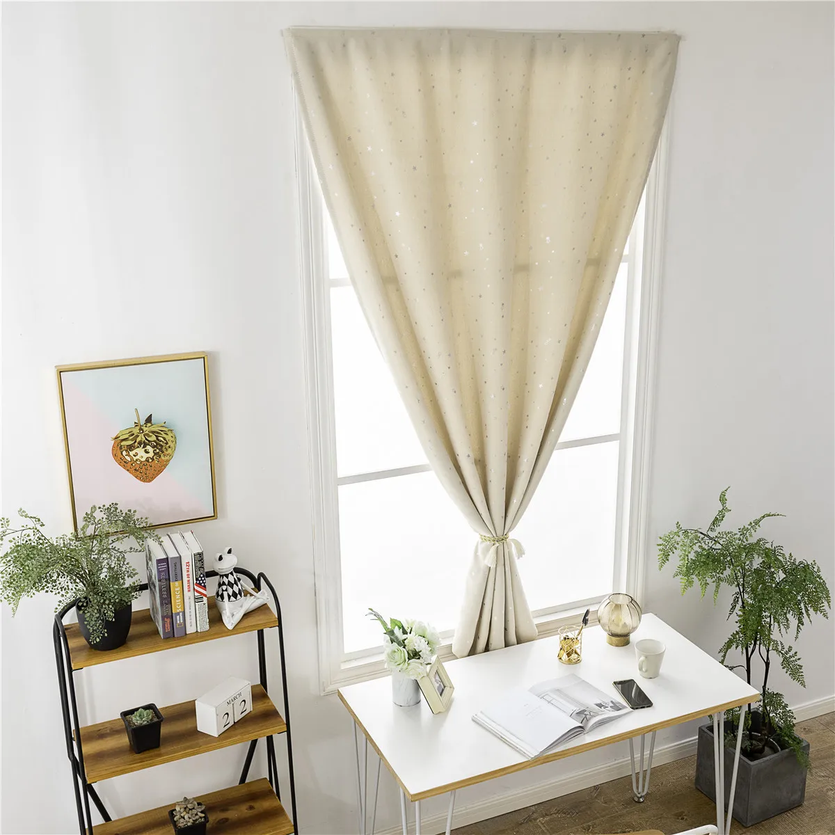 

1 pc Blackout Curtains 90X150Cm Beige Silver Star Decorated No Punch Needed Thickened Window Drape For Home Bedroom Kids Room