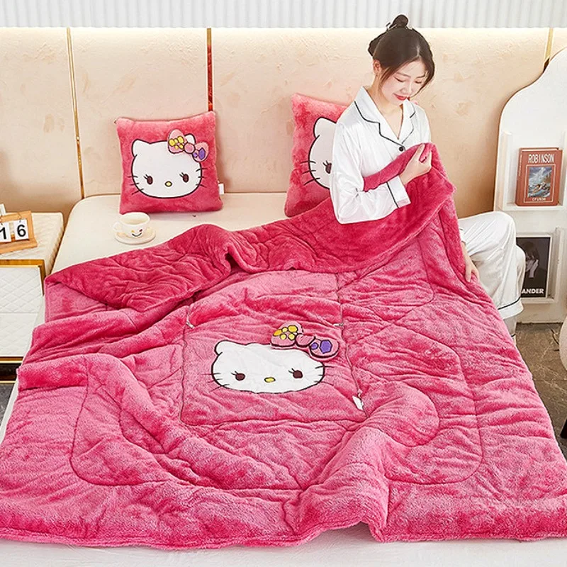 

Sanrio Hello Kitty Arctic Fleece Pillow Blanket Cartoon Anime Character Embroidery Accessories Dual-purpose Home Nap Blanket