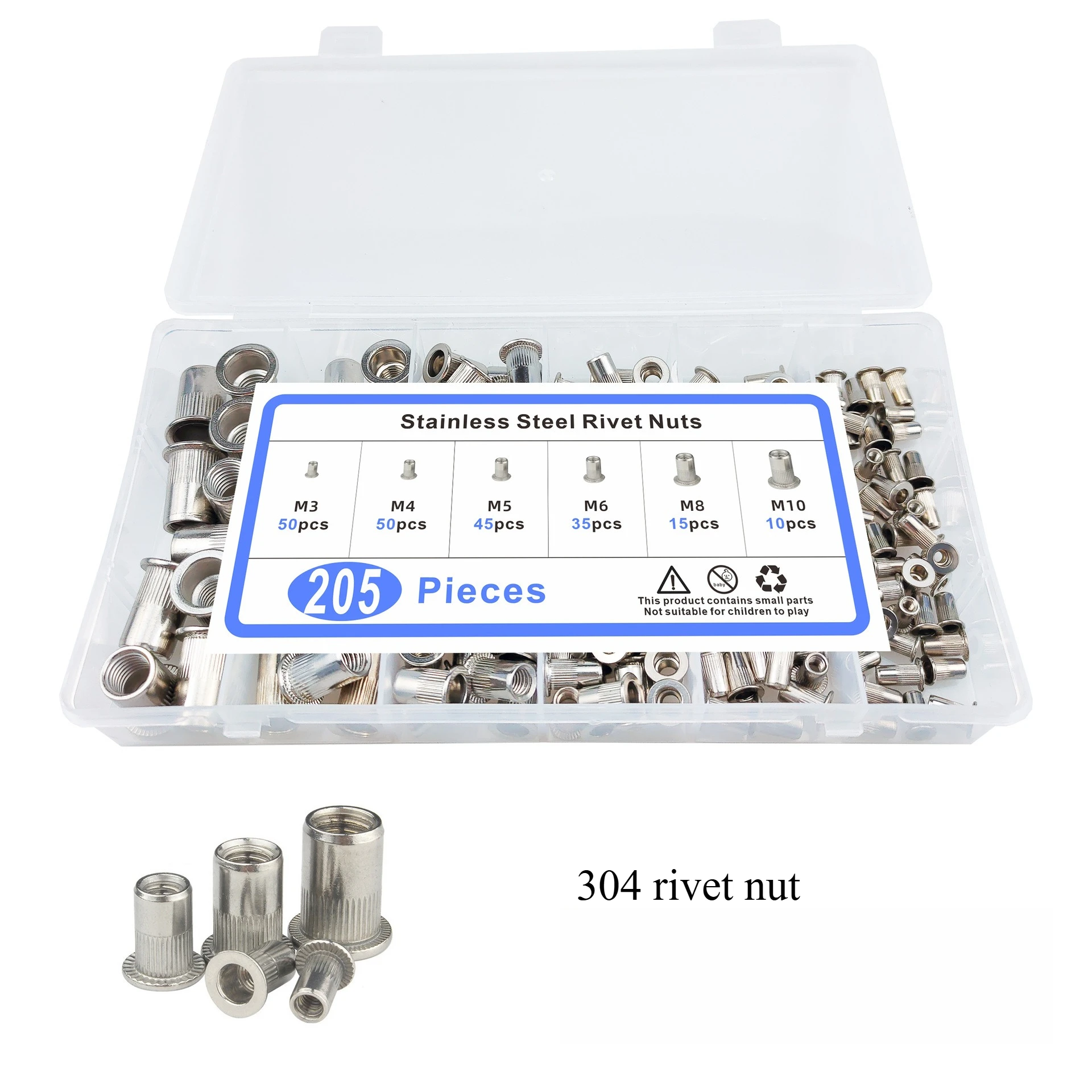 205PCS 304 Stainless Steel Rivet Nut Boxed M3M4M5M6M8M10 Flat Head Stripe, Pull Rivet Nut