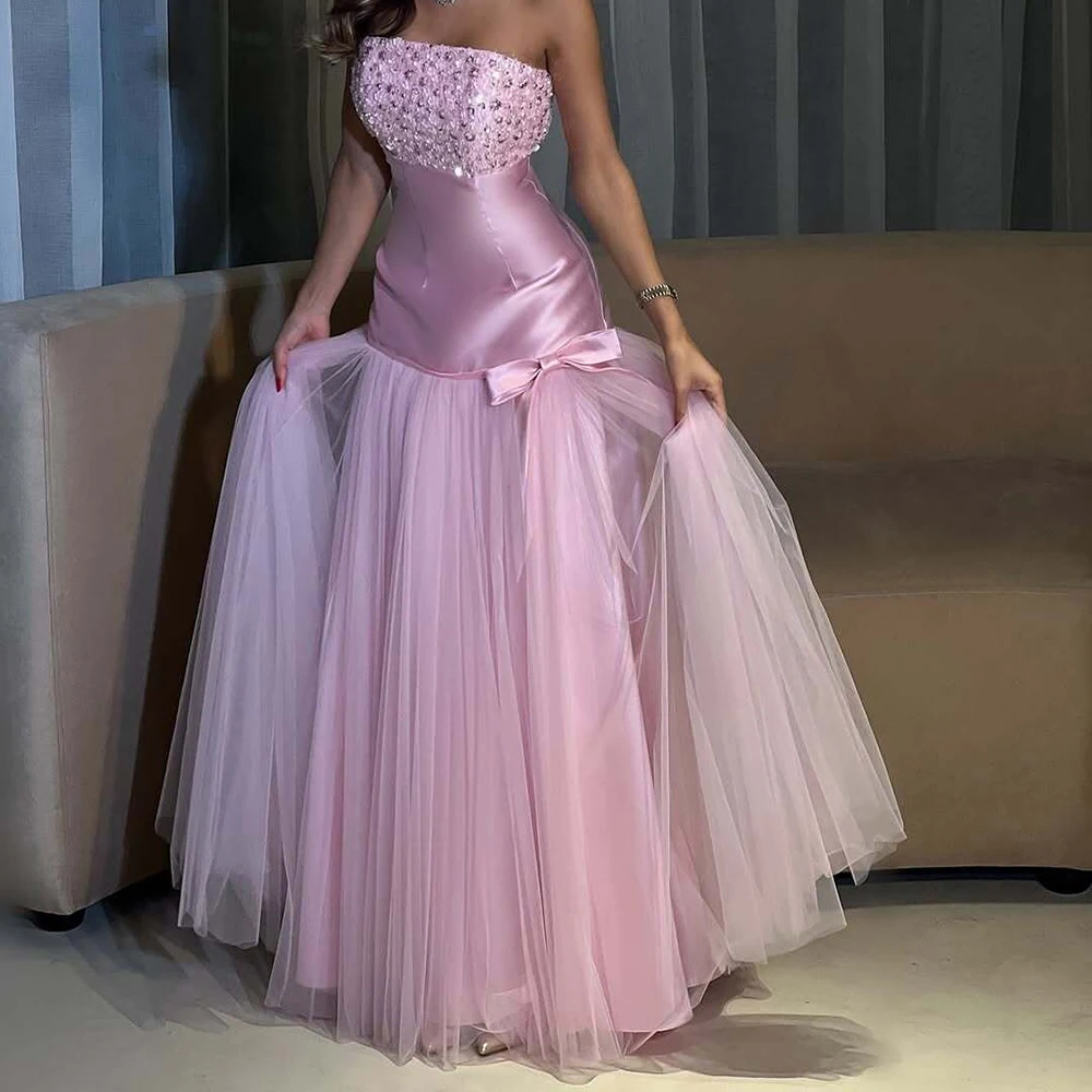 

Customized A-line Evening Dresses Floor-length Strapless Sleeveless Prom Gown Fashion Sequined Bow Simple Draped Party Gown