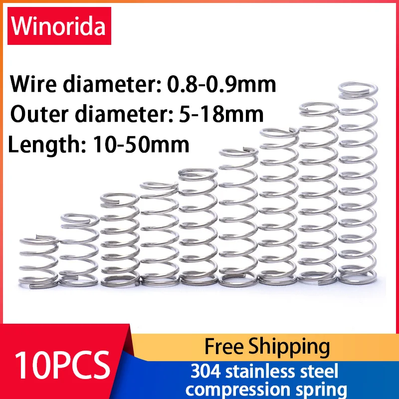 304 Stainless Steel Compression Spring, Return Spring, Steel Wire, diâmetro 0.8-0.9mm, diâmetro externo 5-18mm, 10 Pcs