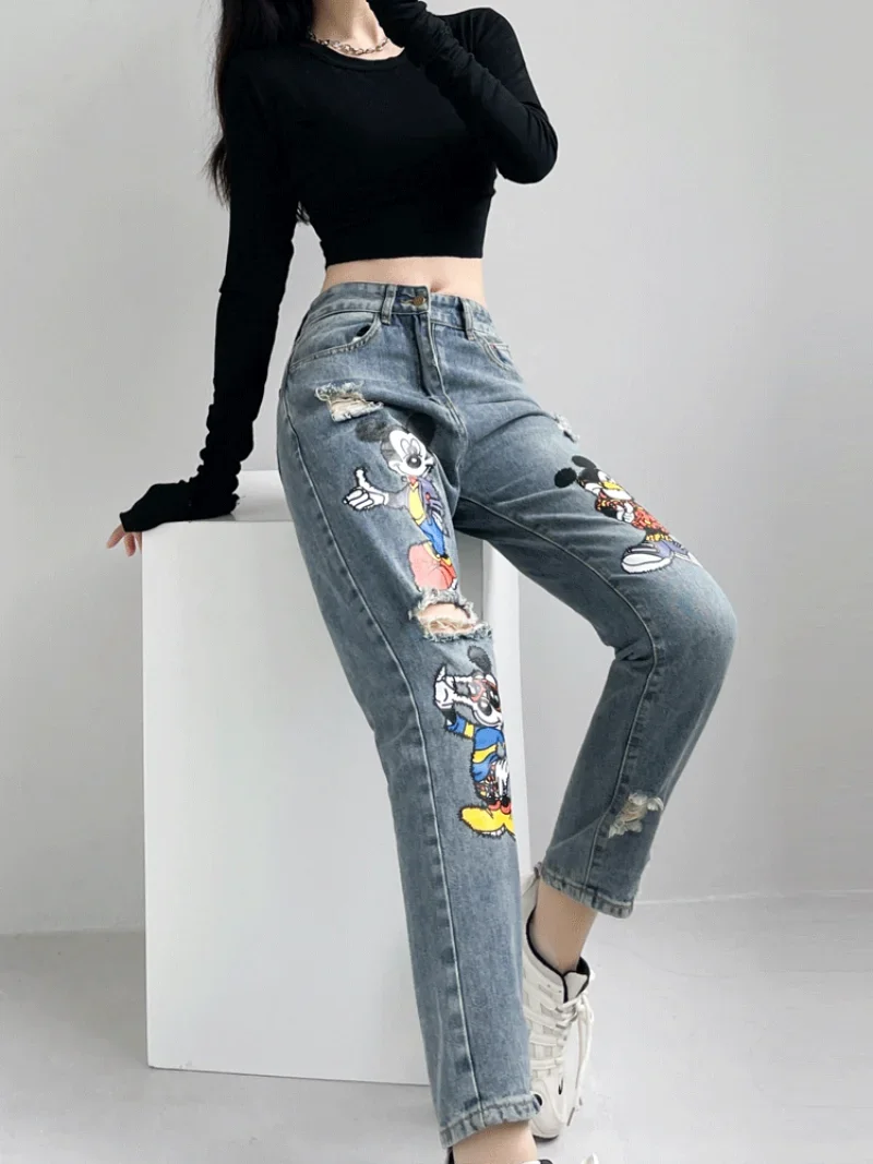 Pantalones vaqueros rasgados de dibujos animados para mujer, de cintura alta pantalones bombachos, holgados, con estampado pequeño, rectos, a la moda