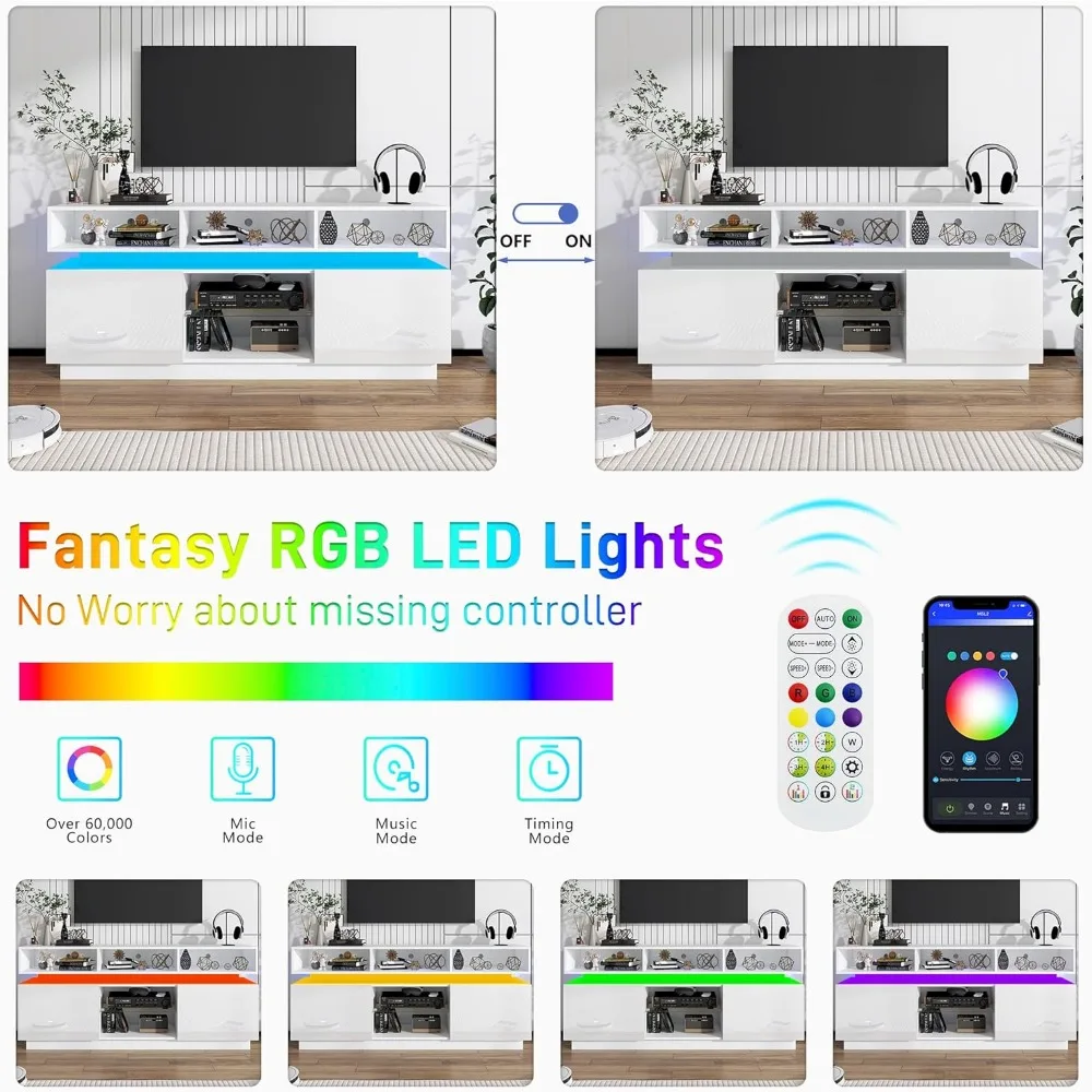 مركز ترفيه معاصر طويل القامة لأجهزة تلفزيون LED مقاس 75 بوصة، وحدة تحكم وسائط حديثة عالية اللمعان مع منافذ طاقة، وحامل تلفزيون للألعاب #4