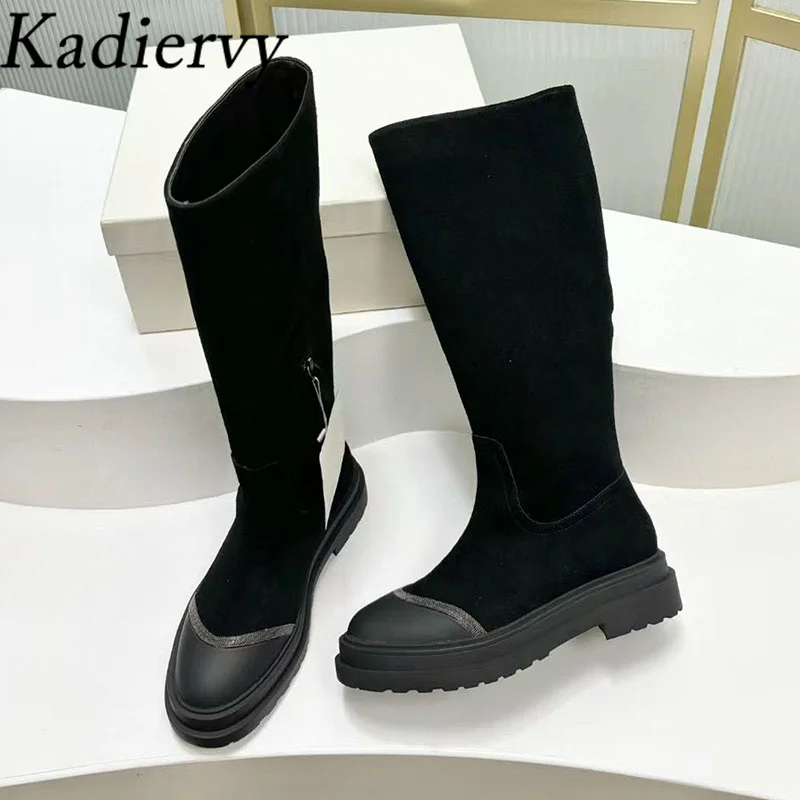 New Knee High Boots Women Round Toe Slip-on Flat Shoes Women Luxury Quality Cow Suede String Bead Long Boots Woman