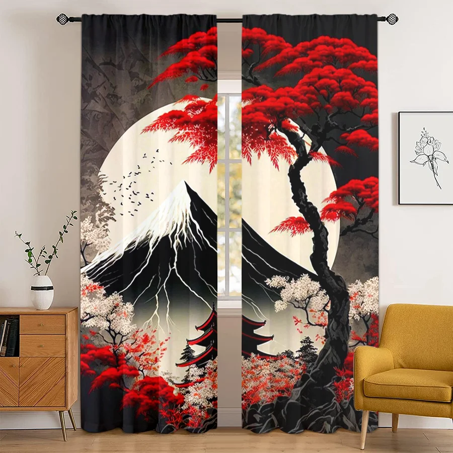 2PCS Fuji Mountain Red Maple Print Curtains, Japanese Moon Pagoda Black White Window Drapes for Bedroom Living Room Decor