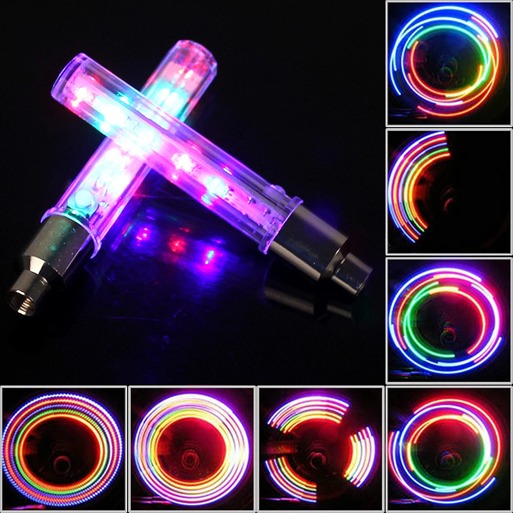 2pcs Bike Bicycle Wheel Tire Valve Cap Spoke Neon 5 LED Lights Lamp 32 Change with 6 Button Batteries