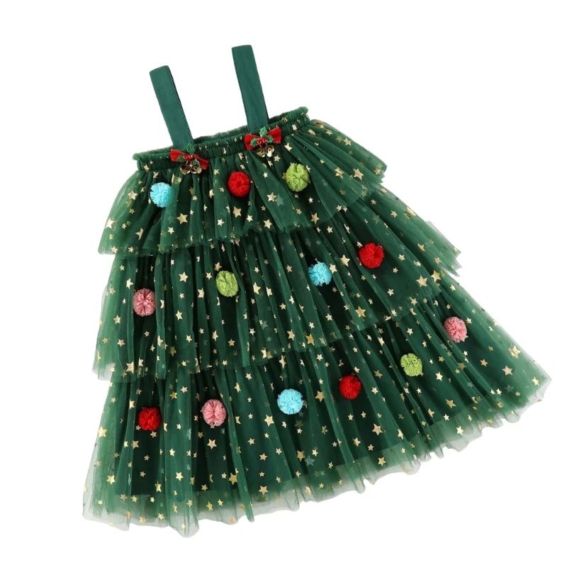 Little Girls Christmas Dress Star Print Lace Layered Tulle Sundress Themed Party Dress with Plush Decor for 1-6T