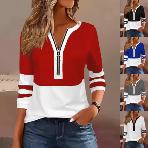 Plus Size Long Sleeve T-Shirt with Geometric Stripes & Color Block Ring Zipper Detail - Fall Fashion product image