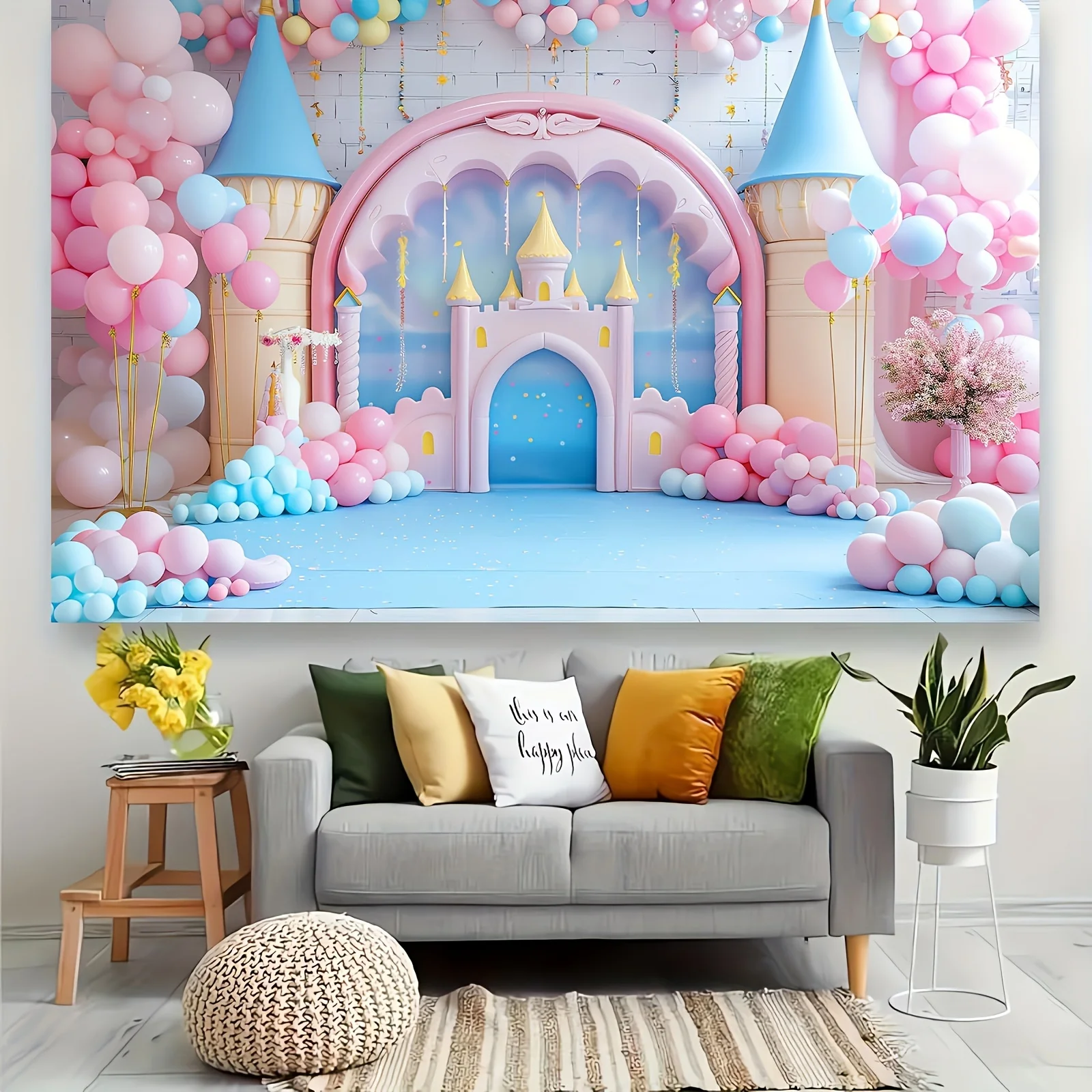 Fairy Tale Castle & Floral Balloon Photography Backdrop - Versatile Polyester Background for Birthdays, Weddings, Showers