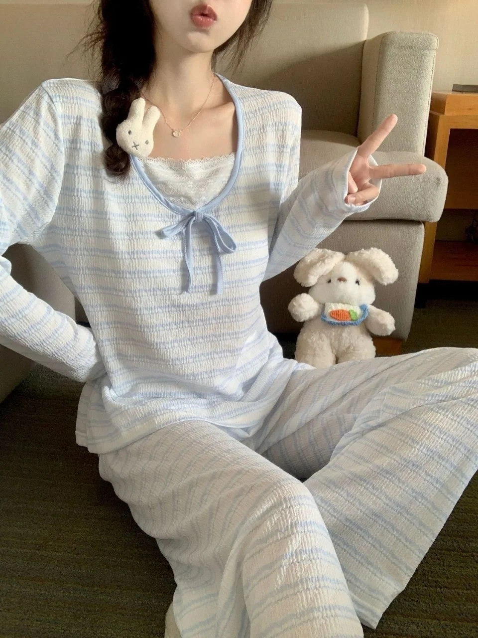 Y2K Harajuku style spicy girl blue stripe with chest cushion pajama set autumn/winter home wear women's long sleeved pants set