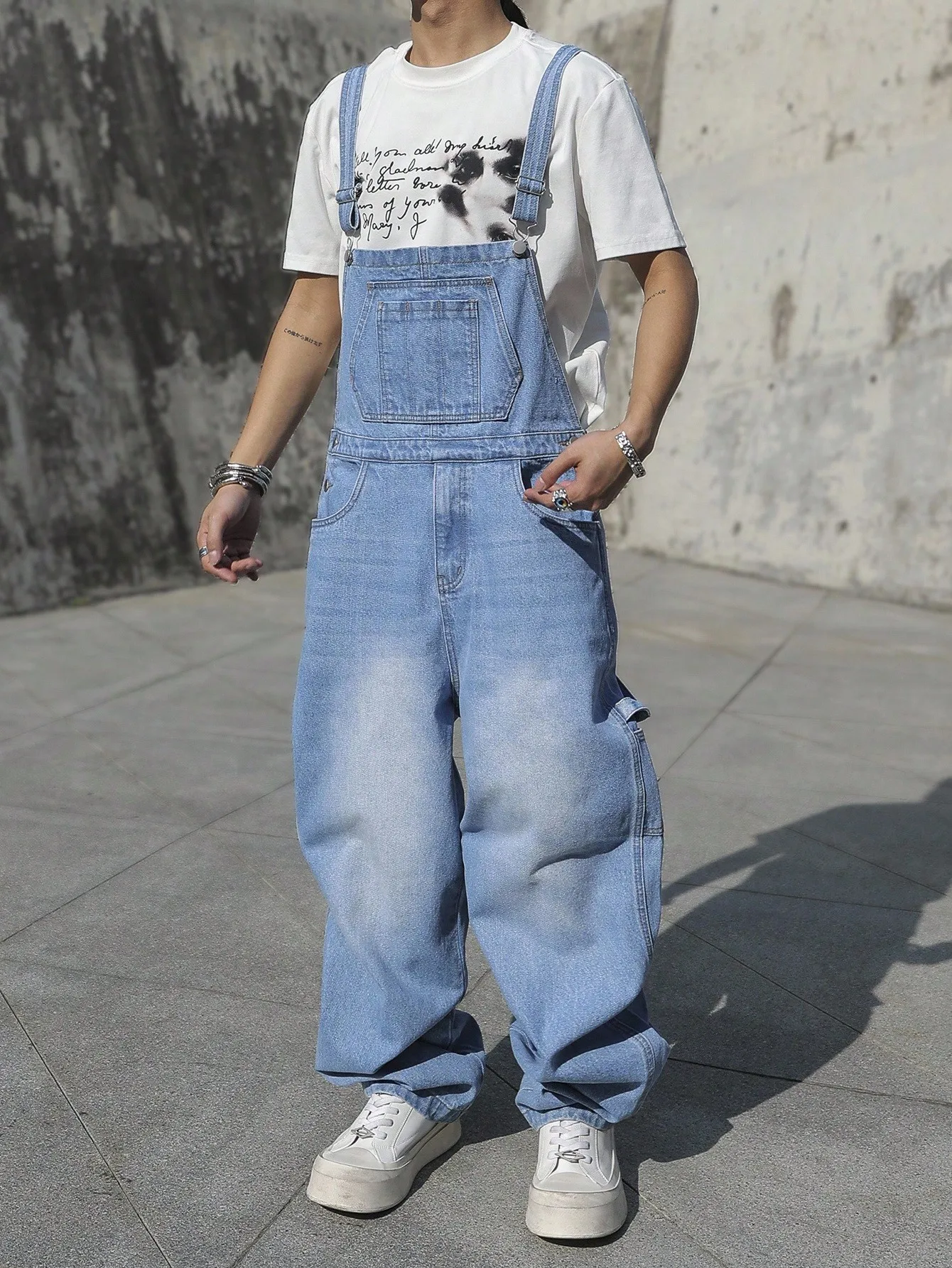 Men's Loose Light Blue Denim Overalls, Wide-Leg Style, a Must-Have for Street Fashion Outfits Jumpsuits Man