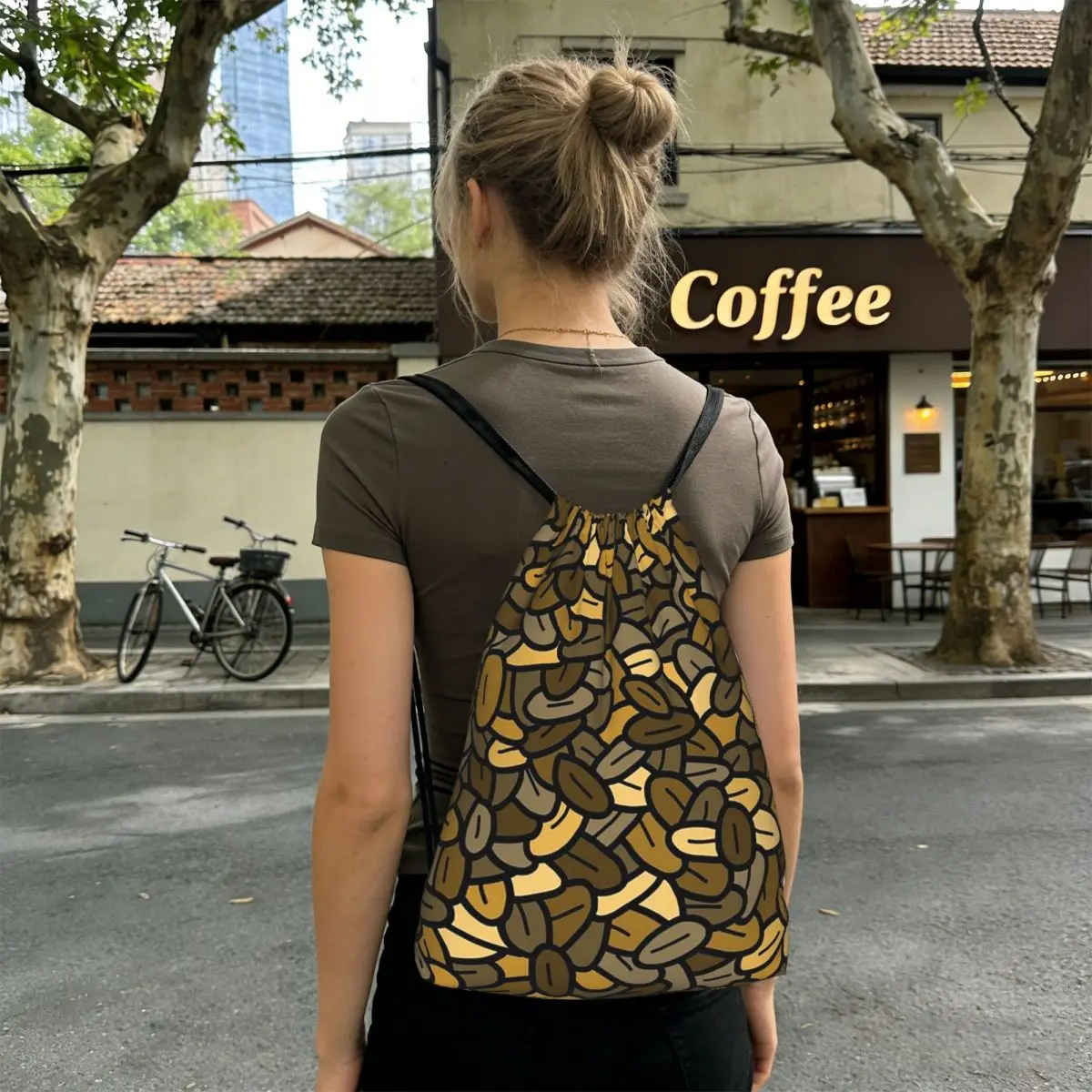 

Coffee Beans Pattern Backpacks Casual Drawstring Bags Sports Bag Book Bags for Man Woman School