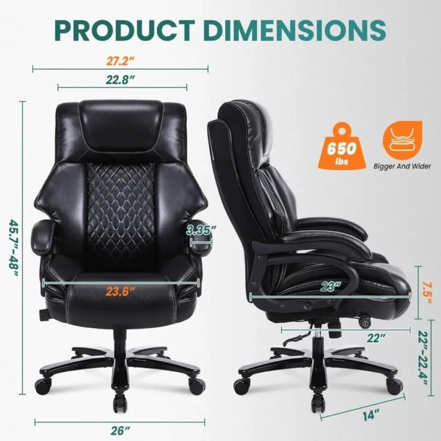 650lbs Heavy-Duty Big and Tall Office Chair for Adults, Adjustable Lumbar Support, Padded Leather Executive Seat, Quiet Rubber