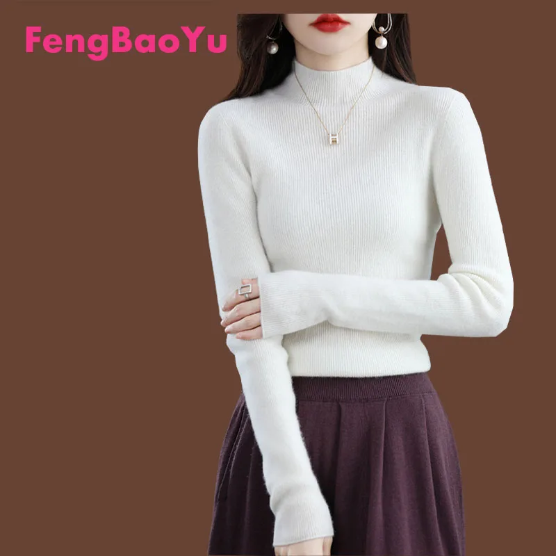 Fengbaoyu Autumn Winter Ladies 100% Pure Wool Sweater Half Turtleneck Pullover Striped Sweater with Cashmere Knitted Breathable