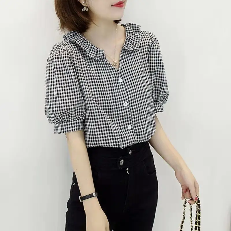 Fashion Printed V-Neck Ruffles Puff Sleeve Plaid Shirt Female Clothing 2023 Summer New Oversized Casual Tops All-match Blouse