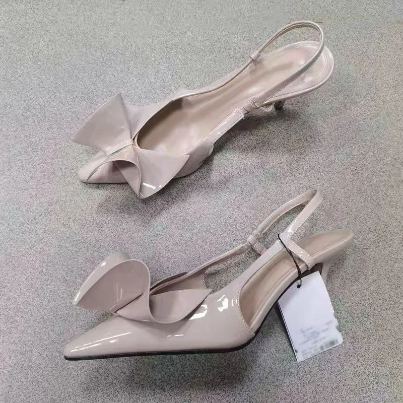 Chic Bow Beige Stilettos Slingbacks Pumps Women Point Head Mid Thin Heels Sandals Summer Versatile Elegant Shoes For Woman New