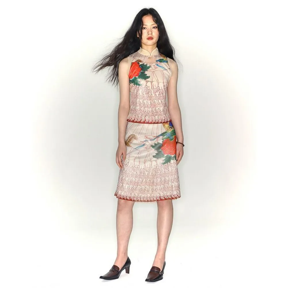 Conjunto estudioso silenciado gola mandarim sem mangas top floral midi saia duas peças roupa de verão academia chinesa estética silencioso mini