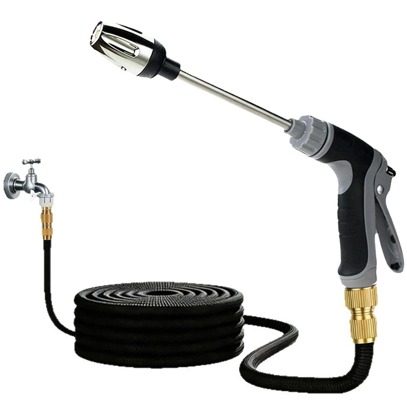 Integrierte Hochdruck-Wasserpistole, Gartenschlauchdüse mit langem Griff, geeignet für Autowäsche, Reinigung und Wohnmobilpflege.