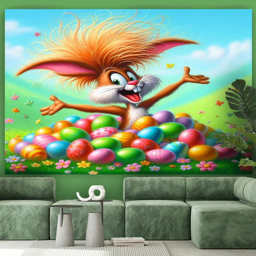 1PC Digital Printed Tapestry Wall Hanging, Cartoon Crazy Easter Bunny Colorful Egg Pile Funny, for Living Room Bedroom Decor