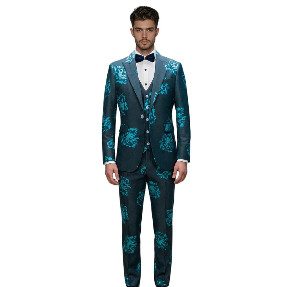 

Floral Print Man Suits Blue Printed Wedding Suit Stylish Dinner Suits Grooms man Print Blazer For Wedding Suit