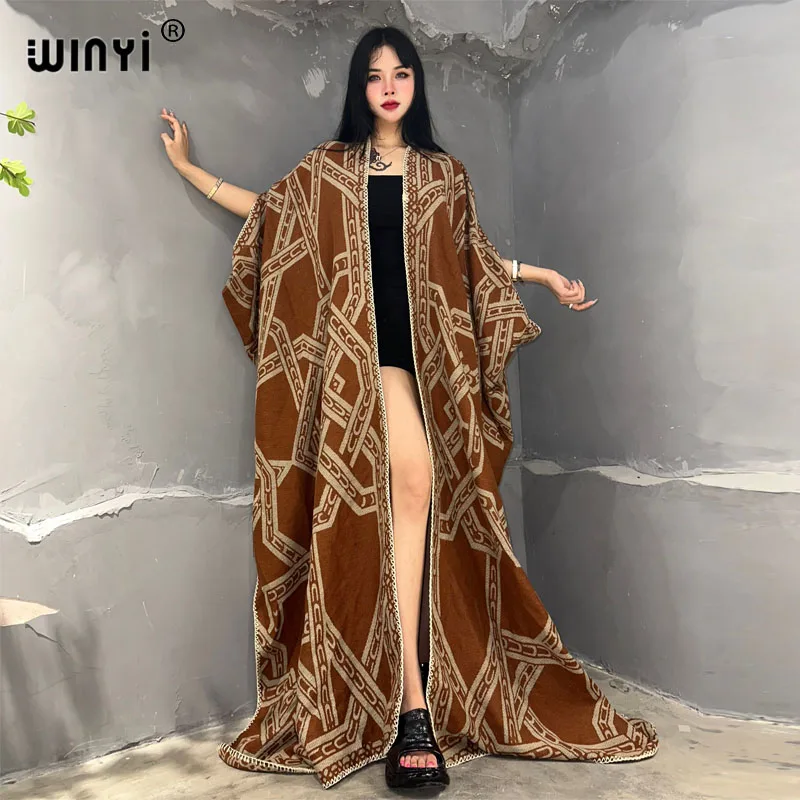 

WINYI Winter new print cloak Women High Quality poncho Luxury Long Loose OverCoat Thick Warm Female long down coat jacket kaftan