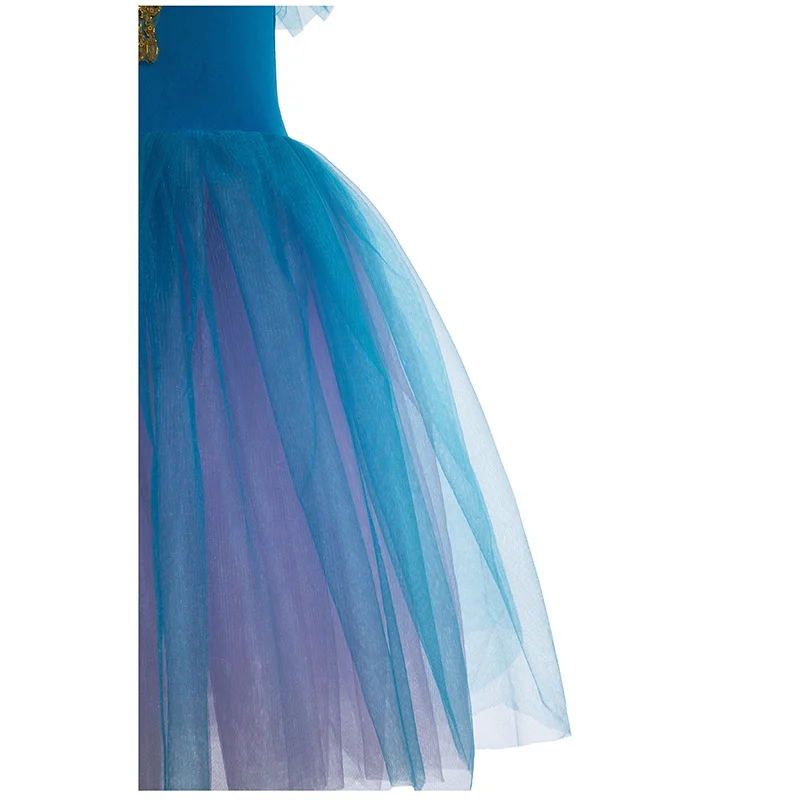 여자를위한 블루 발레 댄스 투투 레오타드 긴 Tulle 스커트 리본 파티 착용 댄스웨어와 발레리나 요정 의상