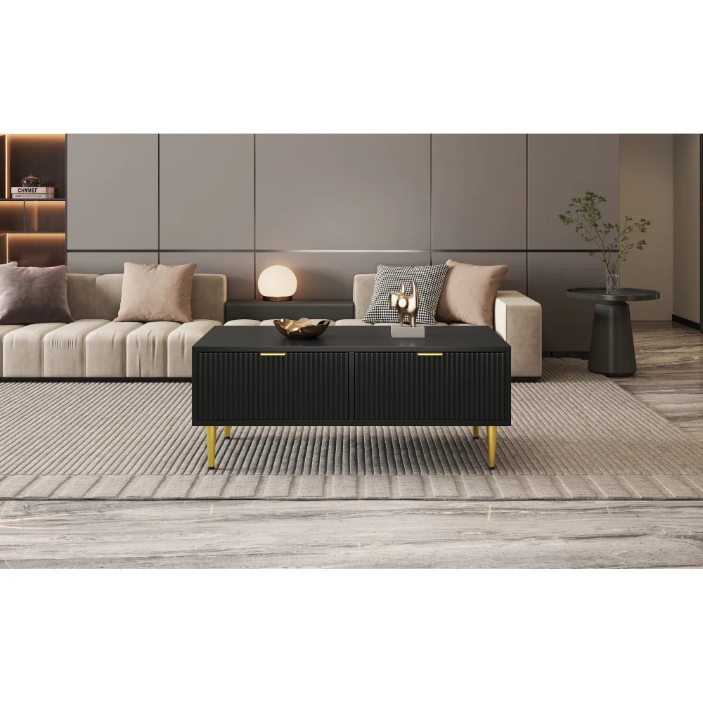 Black elegant coffee table with gold decoration, living room storage box